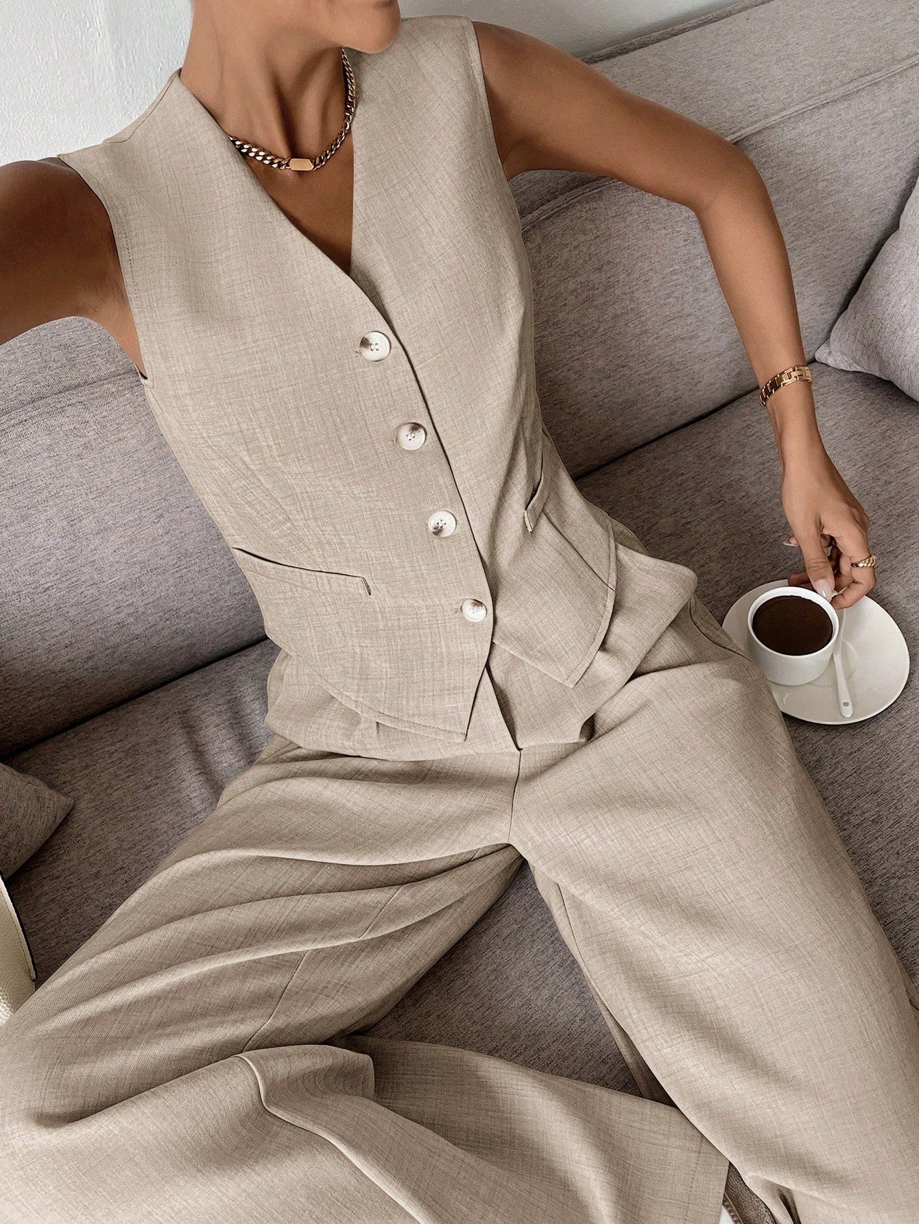 Dames Kledingset Mouwloos Vest met Wijde Broek Beige
