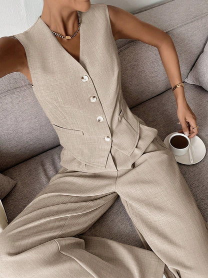Dames Kledingset Mouwloos Vest met Wijde Broek Beige