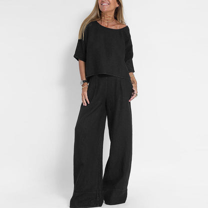 Dames Clothing Set Oversized Top met Korte Mouw en Wijde Broek Zwart