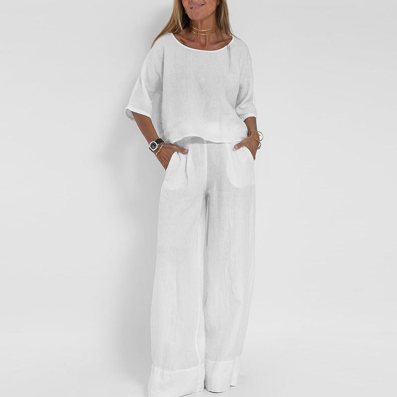 Dames Clothing Set Oversized Top met Korte Mouw en Wijde Broek Wit