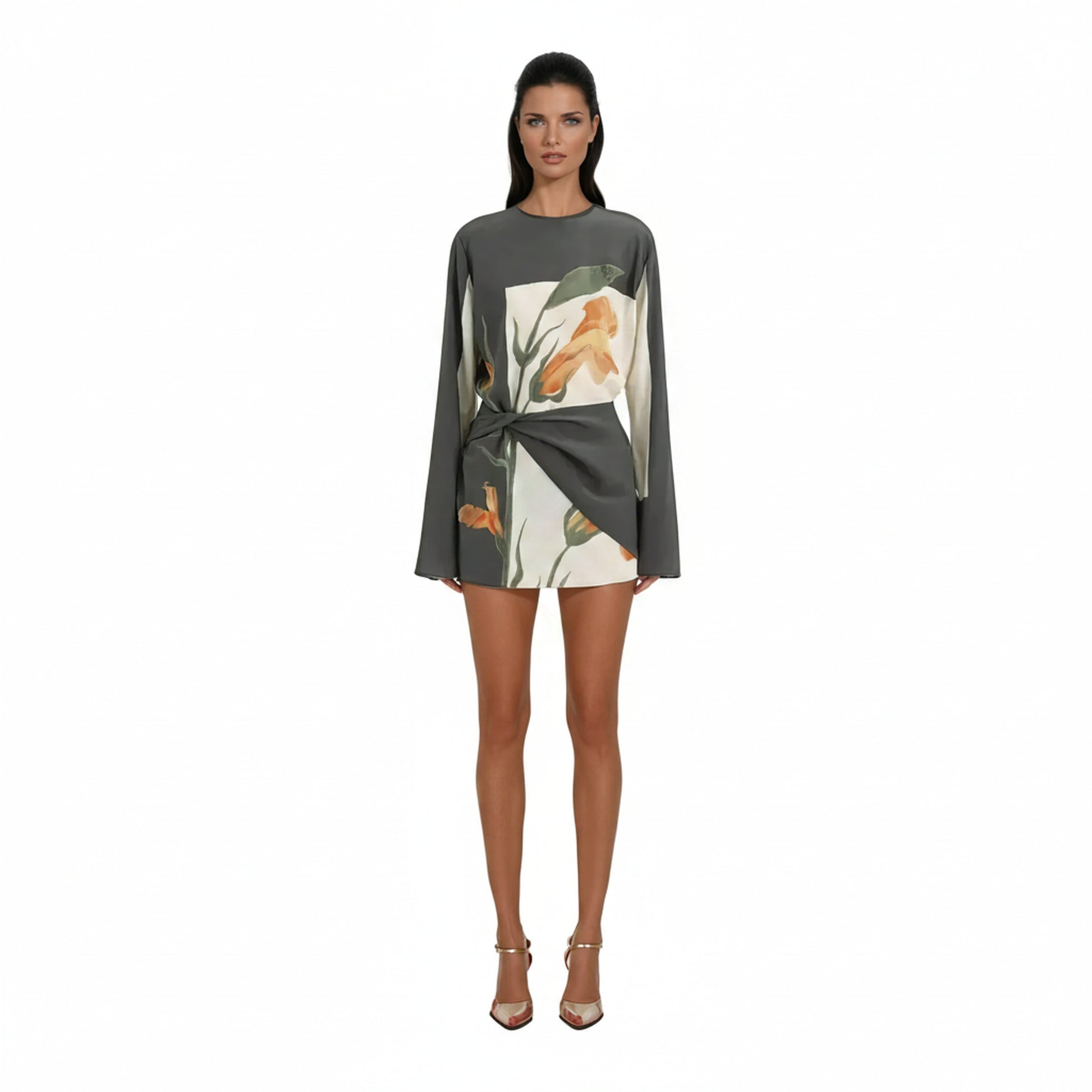 Dames Cocktailjurk met Lange Mouw Bloemenprint en Gedraaide Taille