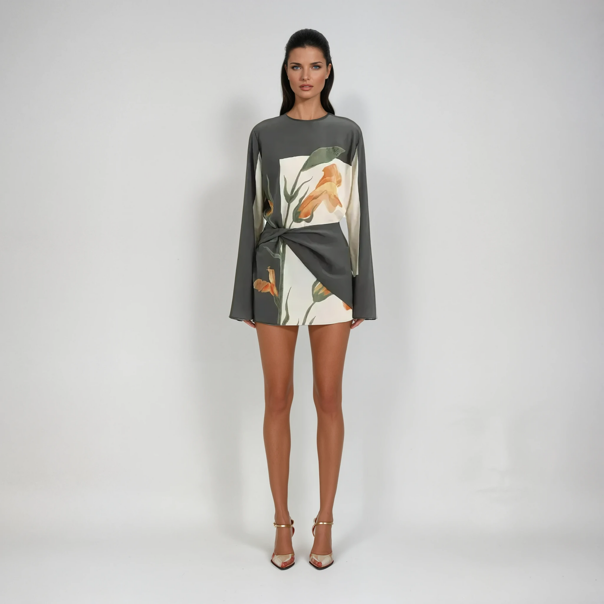 Dames Cocktailjurk met Lange Mouw Bloemenprint en Gedraaide Taille Bloemenprint