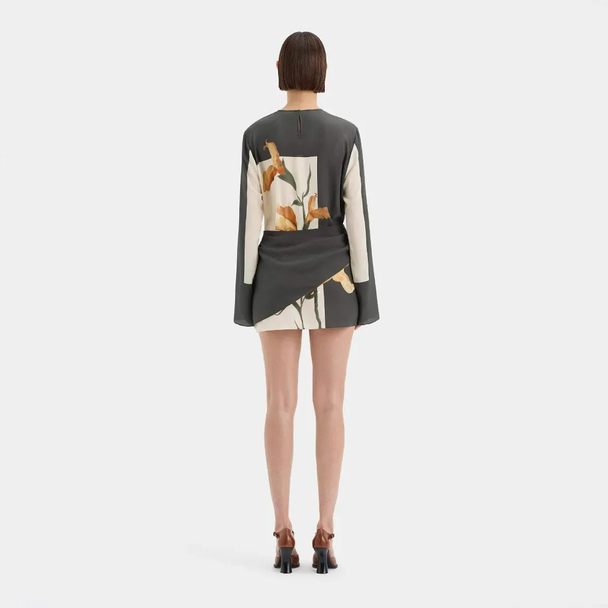 Dames Cocktailjurk met Lange Mouw Bloemenprint en Gedraaide Taille