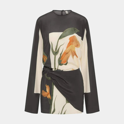 Dames Cocktailjurk met Lange Mouw Bloemenprint en Gedraaide Taille
