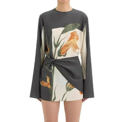 Dames Cocktailjurk met Lange Mouw Bloemenprint en Gedraaide Taille