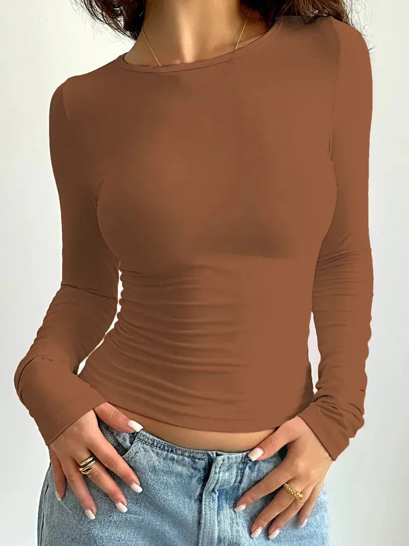 Dames Crop Top Lange Mouw met Ronde Hals en Slim Fit