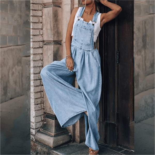 Dames Denim Jumpsuit met Tuinbroek Stijl en Wide Leg Lichtblauw