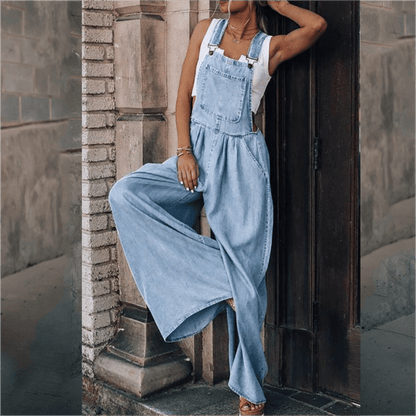 Dames Denim Jumpsuit met Tuinbroek Stijl en Wide Leg Lichtblauw