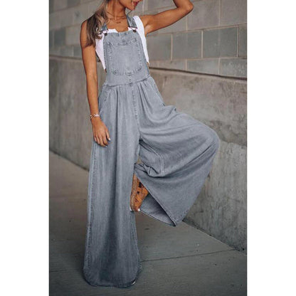 Dames Denim Jumpsuit met Tuinbroek Stijl en Wide Leg Grijs