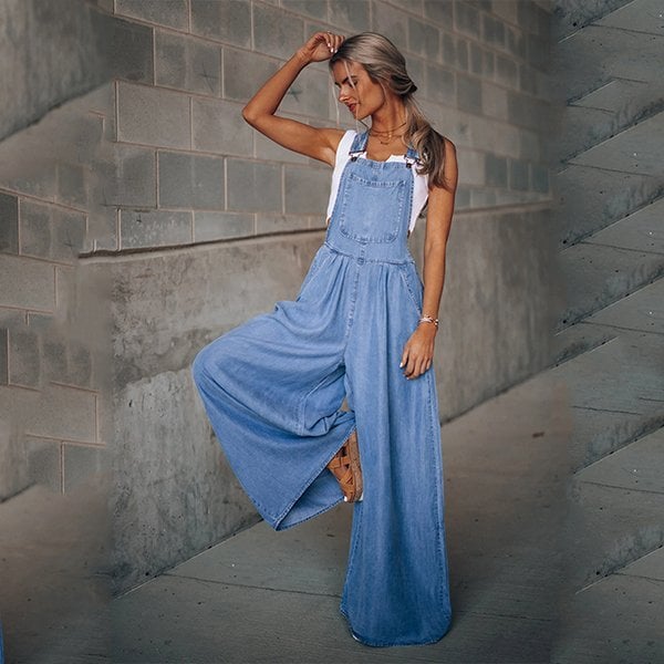 Dames Denim Jumpsuit met Tuinbroek Stijl en Wide Leg