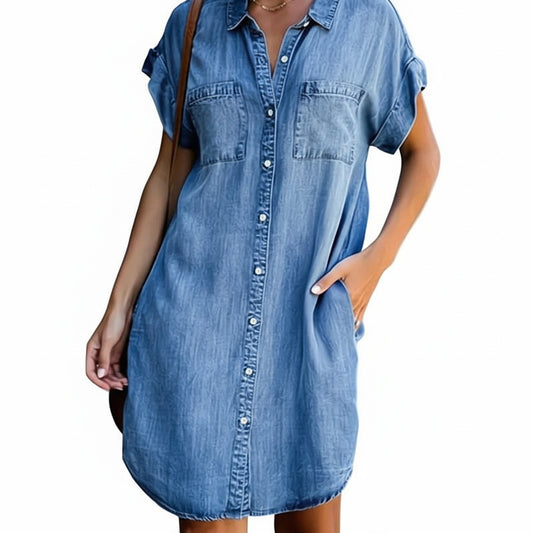 Dames Denim Jurk Korte Mouw met Hemdkraag en Knoopsluiting