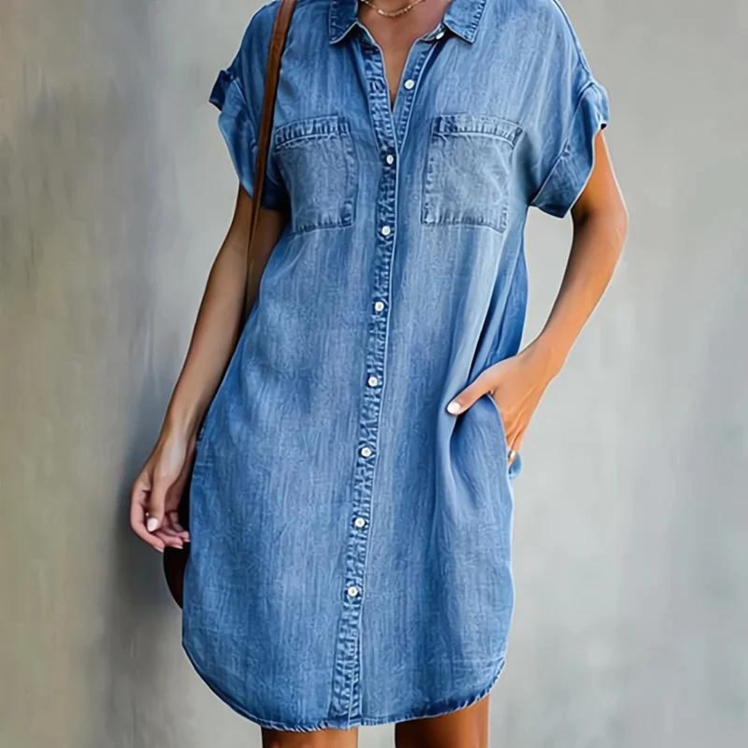 Dames Denim Jurk Korte Mouw met Hemdkraag en Knoopsluiting Lichtblauw