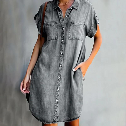 Dames Denim Jurk Korte Mouw met Hemdkraag en Knoopsluiting Grijs