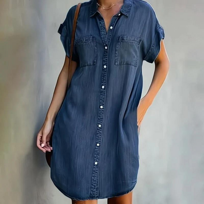 Dames Denim Jurk Korte Mouw met Hemdkraag en Knoopsluiting Donkerblauw