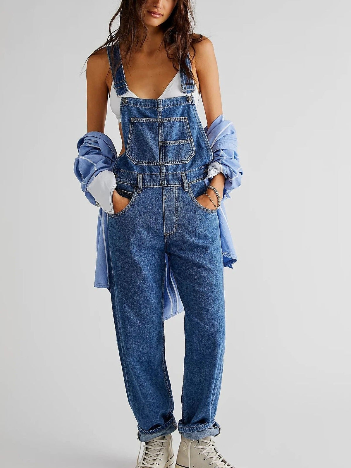 Dames Denim Tuinbroek met Verstelbare Schouderbanden en Zakken Donkerblauw