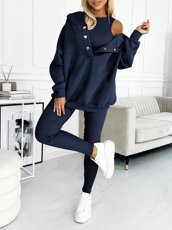 Dames Driedelig Loungewear Set met Oversized Hoodie en Leggings Marineblauw