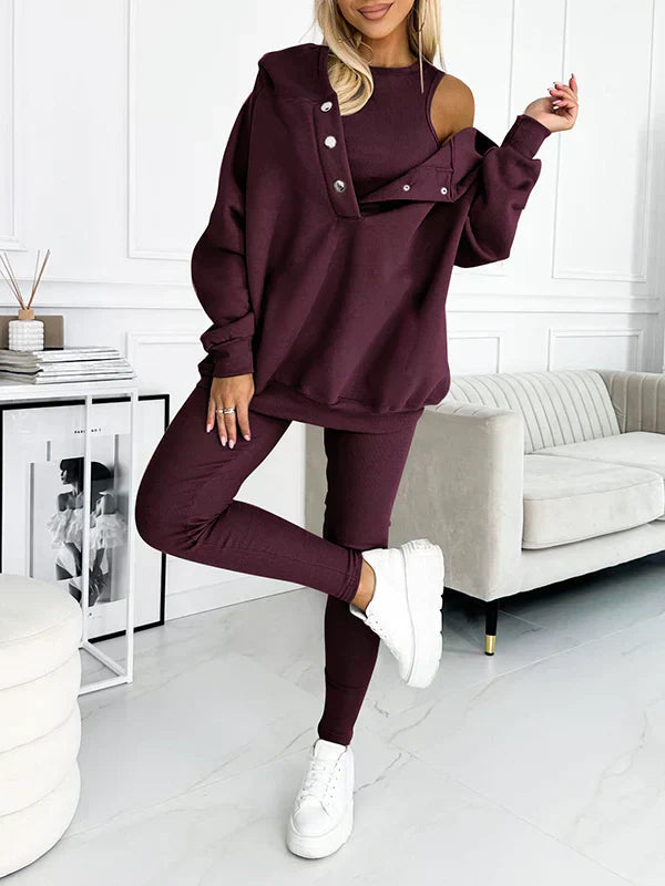 Dames Driedelig Loungewear Set met Oversized Hoodie en Leggings Bordeaux