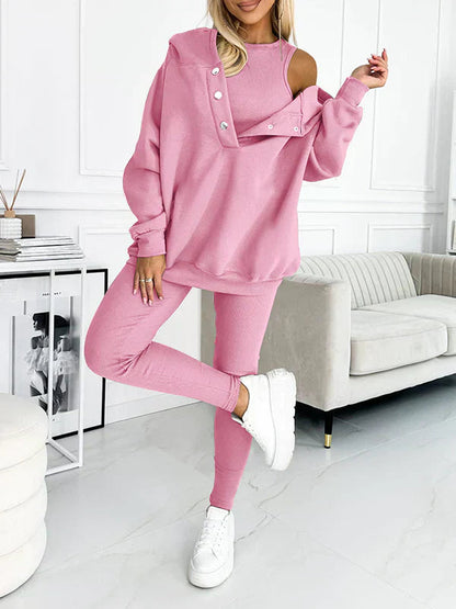 Dames Driedelig Loungewear Set met Oversized Hoodie en Leggings Roze