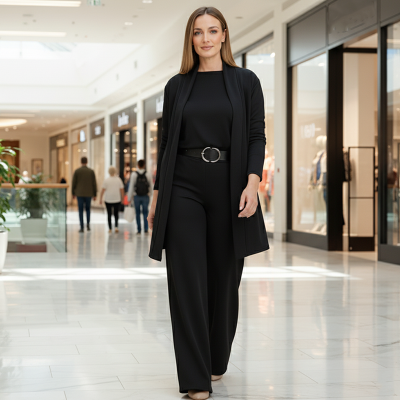 Dames Driedelig Pak met Lang Vest en Wijde Broek Zwart