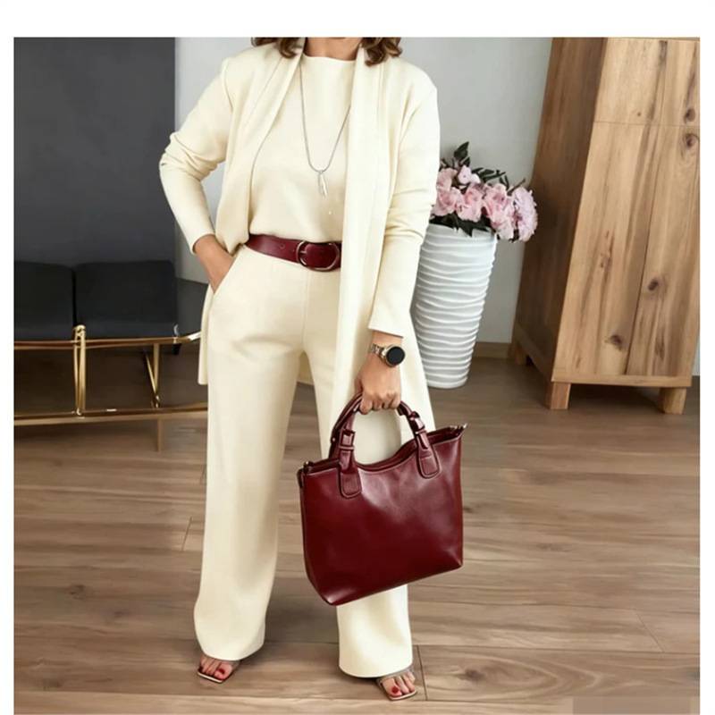 Dames Driedelig Pak met Lang Vest en Wijde Broek Wit