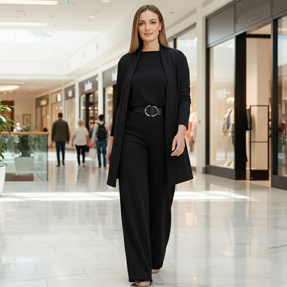 Dames Driedelig Pak met Lang Vest, Top en Wijde Broek Zwart