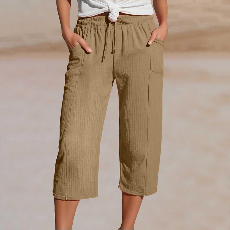 Dames Driekwart Broek met Elastische Taille en Trekkoord Khaki