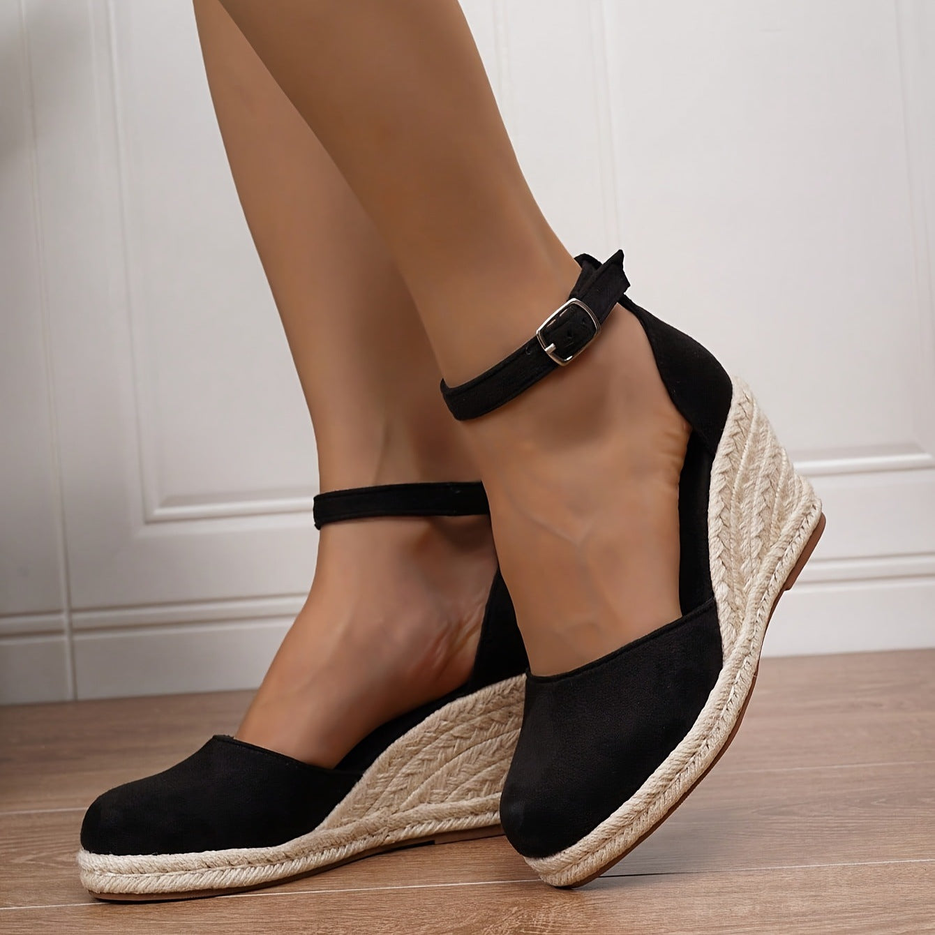 Dames Espadrilles Wedge Sandalen met Gesloten Neus en Enkelbandje Zwart