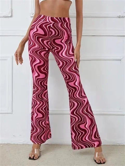 Dames Flared Broek met Hoge Taille en Golvend Print