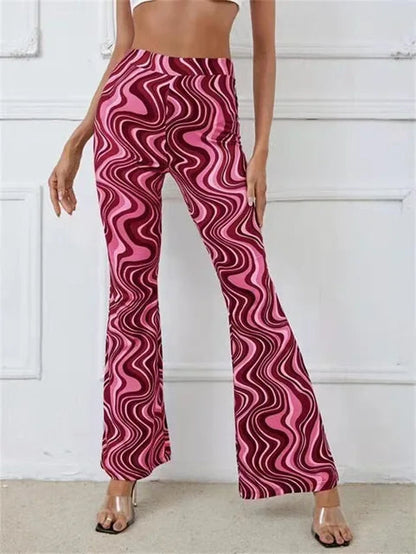 Dames Flared Broek met Hoge Taille en Golvend Print