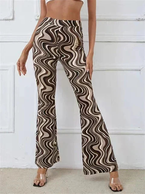 Dames Flared Broek met Hoge Taille en Golvend Print