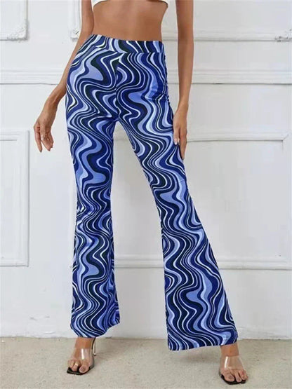 Dames Flared Broek met Hoge Taille en Golvend Print