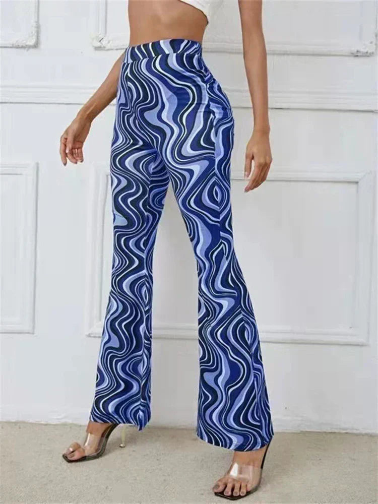 Dames Flared Broek met Hoge Taille en Golvend Print