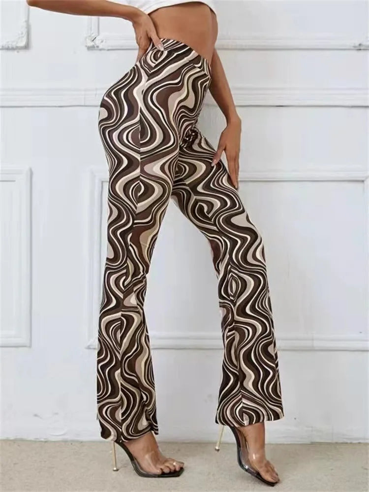 Dames Flared Broek met Hoge Taille en Golvend Print
