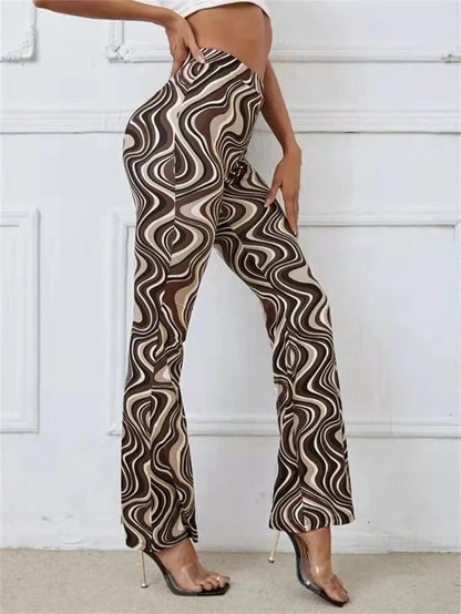 Dames Flared Broek met Hoge Taille en Golvend Print