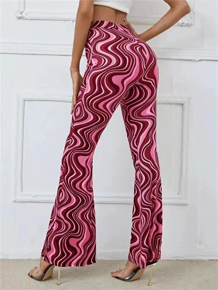 Dames Flared Broek met Hoge Taille en Golvend Print