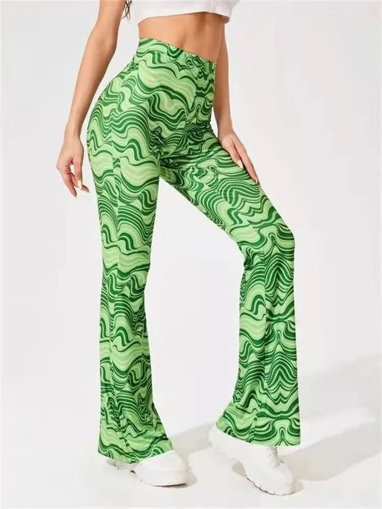 Dames Flared Broek met Hoge Taille en Golvend Print