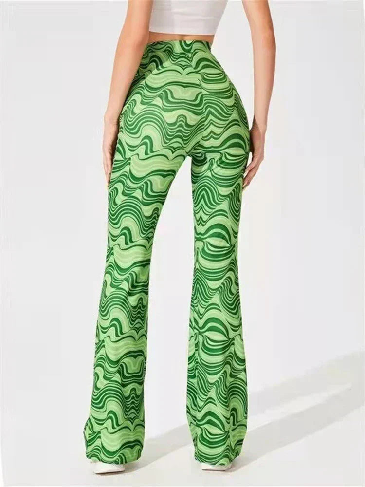 Dames Flared Broek met Hoge Taille en Golvend Print