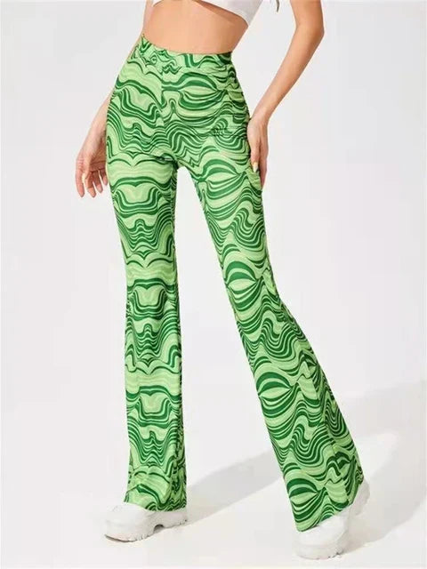 Dames Flared Broek met Hoge Taille en Golvend Print