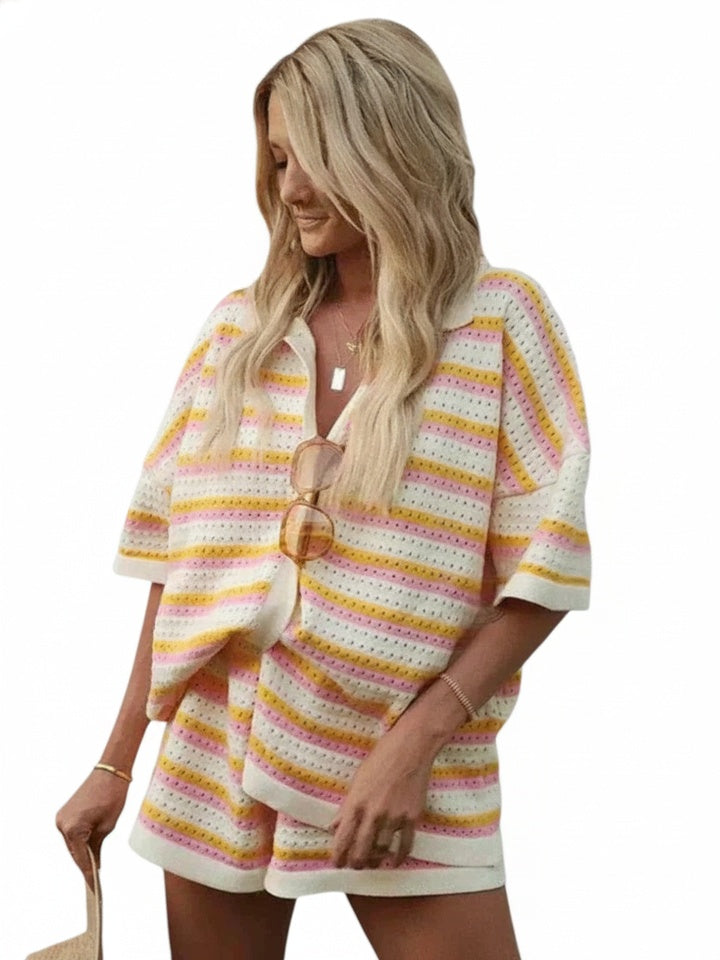 Dames Gebreide Clothing Set met Streepdesign, Revers Shirt en Shorts