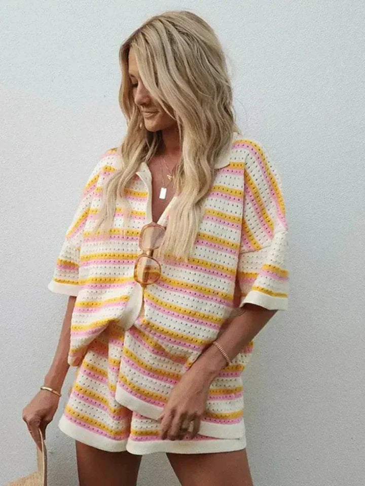 Dames Gebreide Clothing Set met Streepdesign, Revers Shirt en Shorts