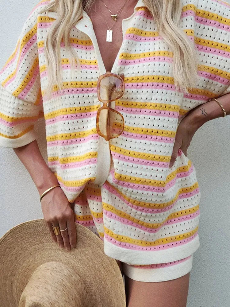 Dames Gebreide Clothing Set met Streepdesign, Revers Shirt en Shorts