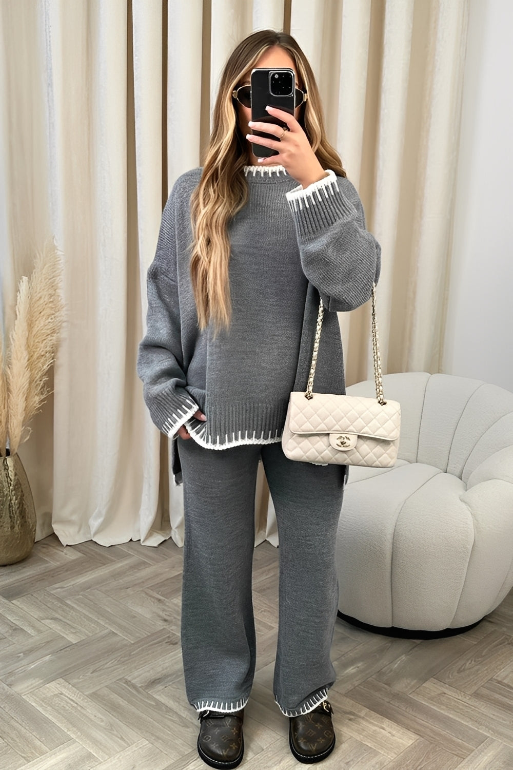 Dames Co-ord Set met Contrastbies Grijs