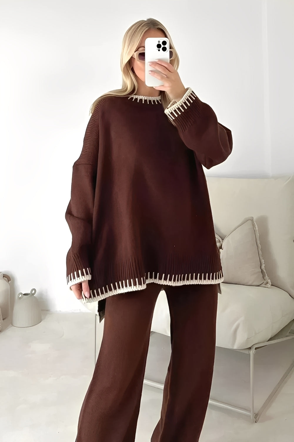 Dames Co-ord Set met Contrastbies Bordeauxrood