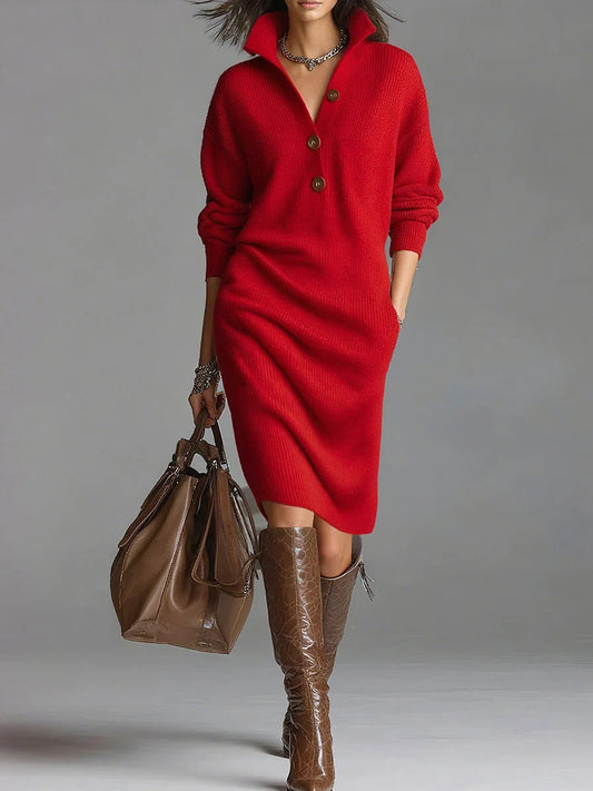 Dames Gebreide Midi Jurk met Kraag en Knoopdetail Rood