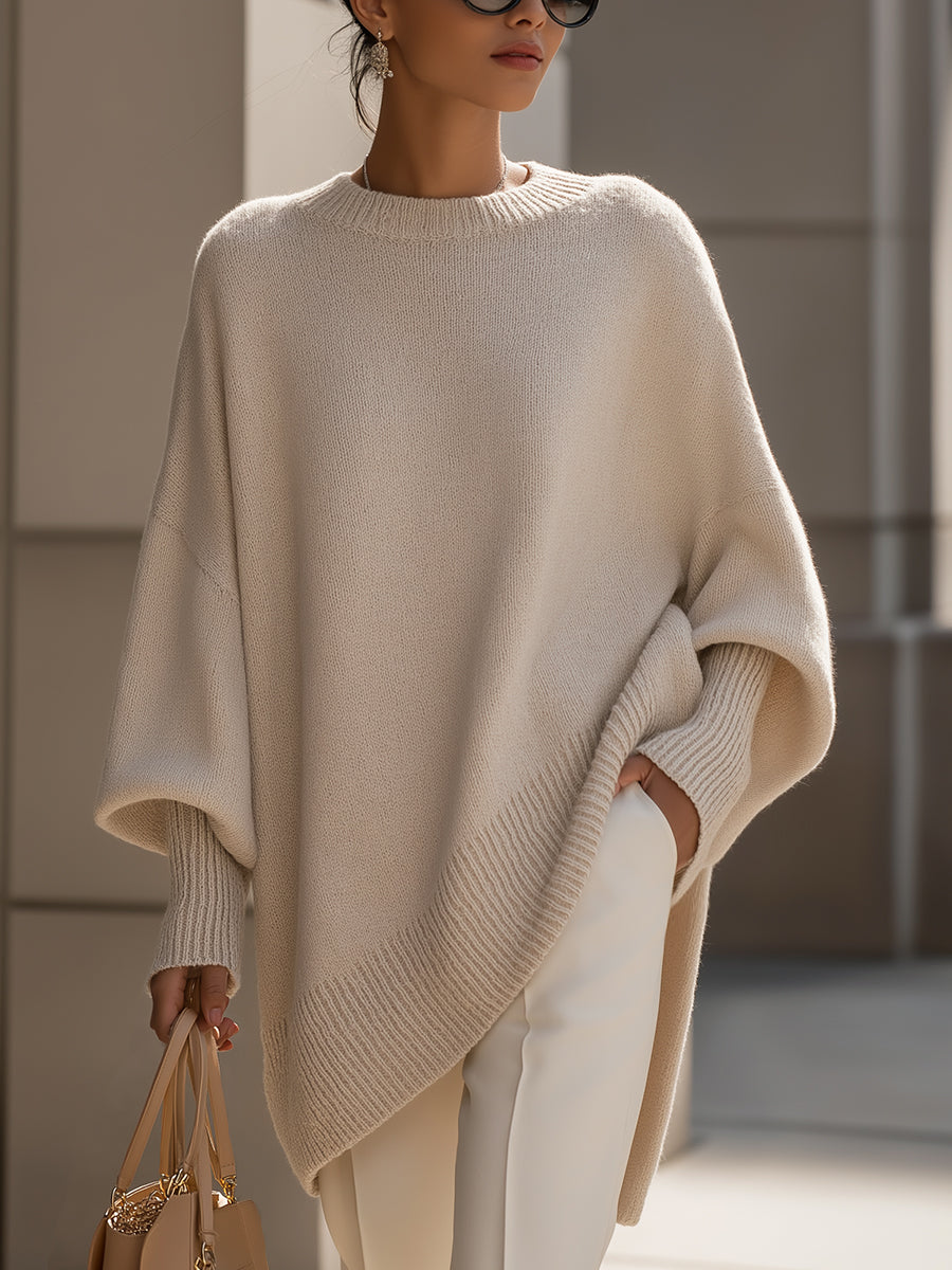 Dames Gebreide Poncho-Pullover met Asymmetrische Zoom Beige