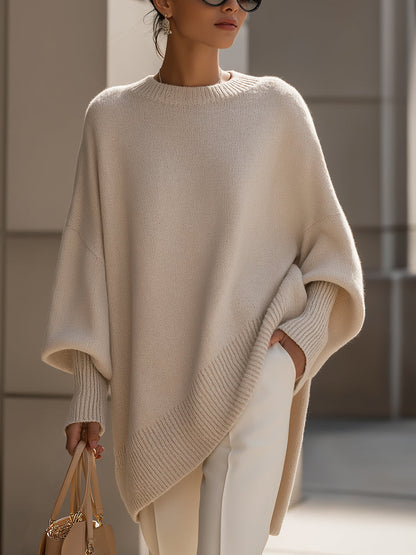 Dames Gebreide Poncho-Pullover met Asymmetrische Zoom Beige