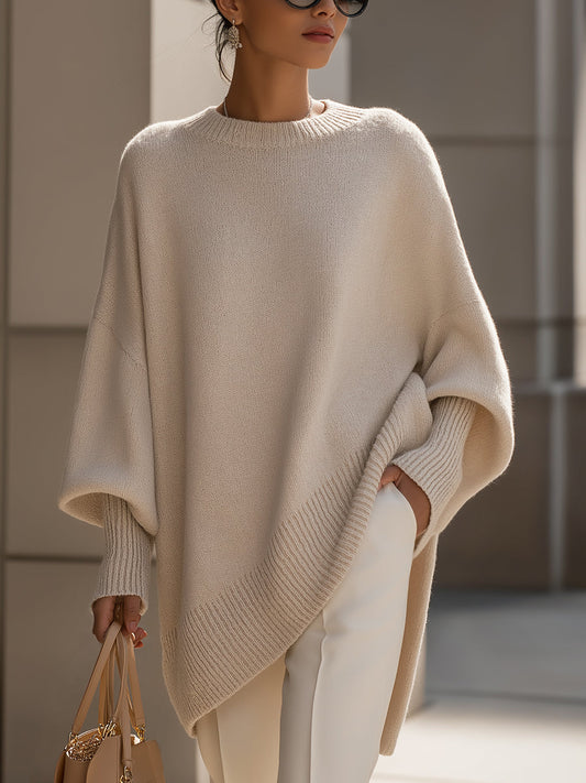 Dames Gebreide Poncho-Pullover met Asymmetrische Zoom Beige