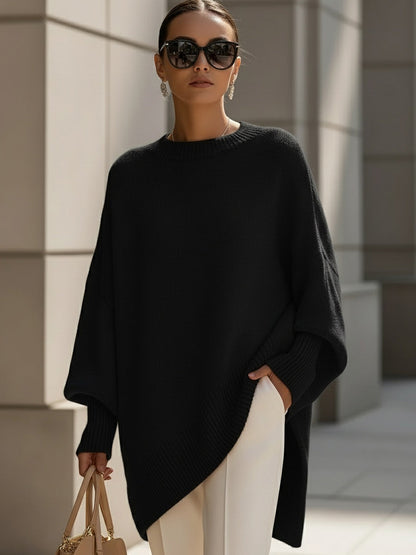 Dames Gebreide Poncho-Pullover met Asymmetrische Zoom Zwart