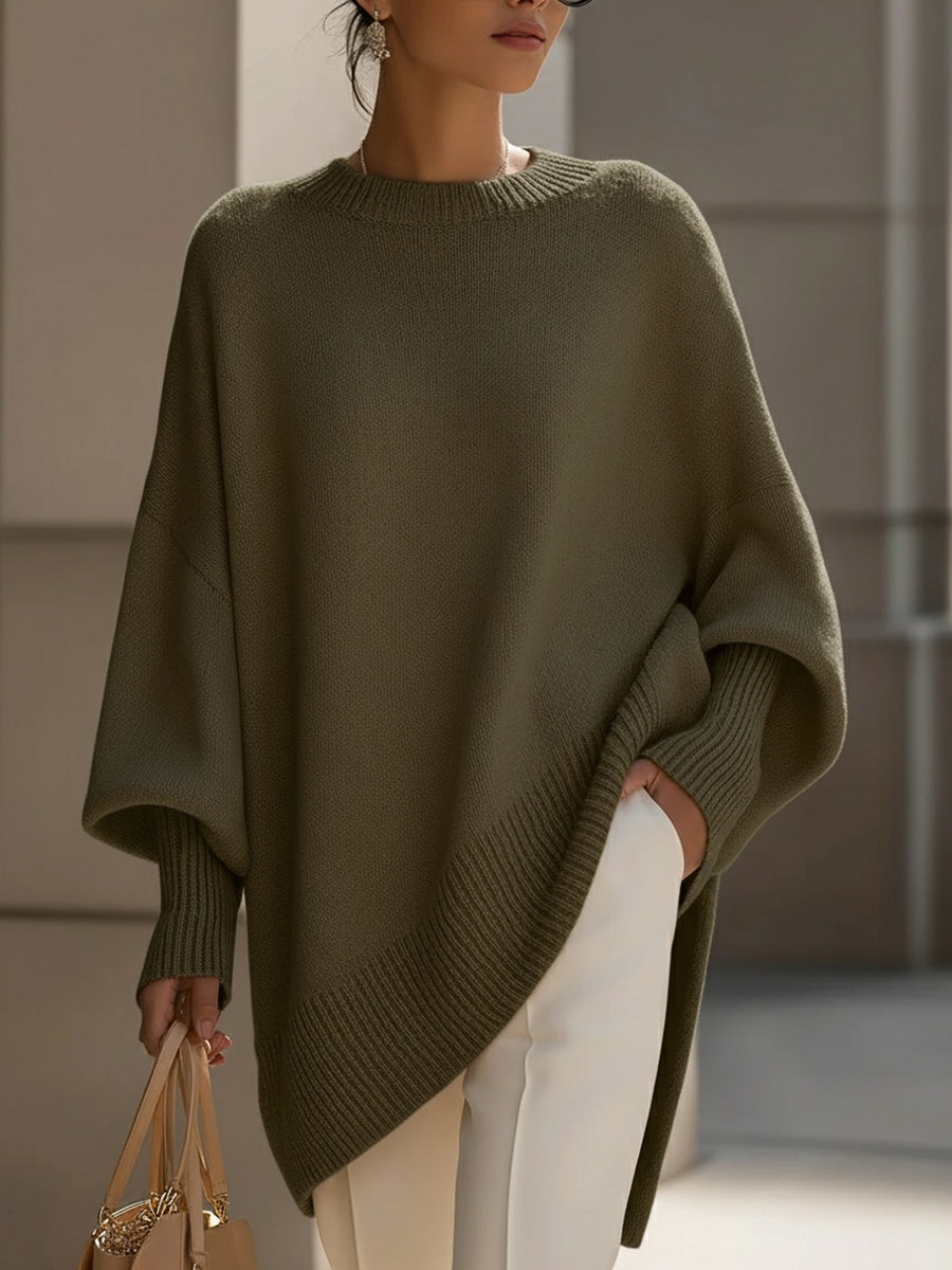 Dames Gebreide Poncho-Pullover met Asymmetrische Zoom Olijfgroen