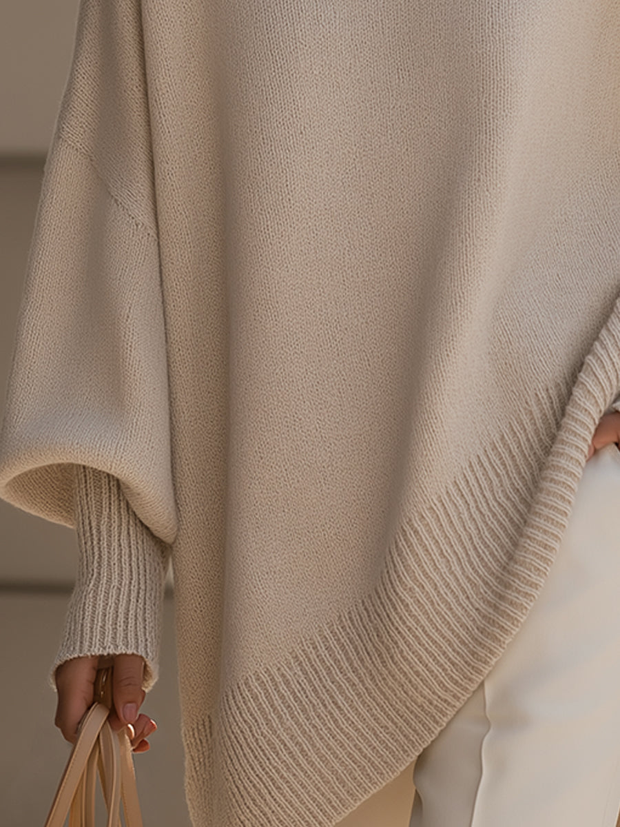 Dames Gebreide Poncho-Pullover met Asymmetrische Zoom